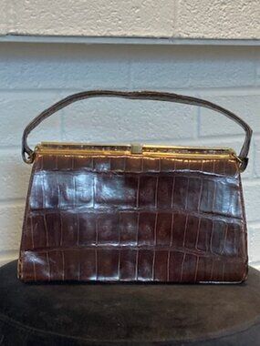 Vintage 1950s Genuine Crocodile Handbag - Brown - FAIR (Handle Repair Needed)